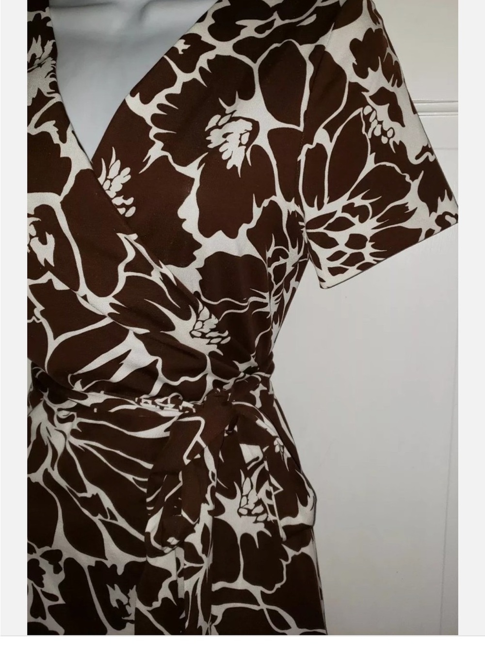 Brown and White Floral Wrap Dress